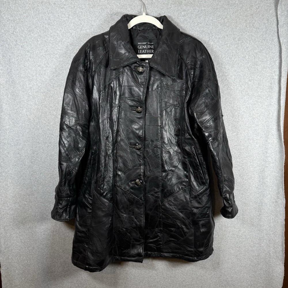 Vintage leather jacket womens large black patchwork long line button vintage